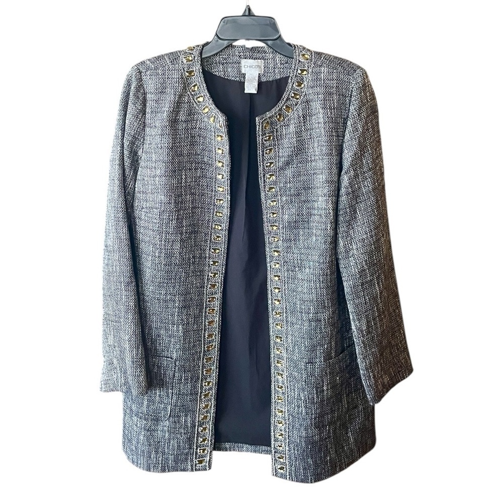 Chico’s long open front bejeweled tweed dressy jacket 8 gray black white MOB